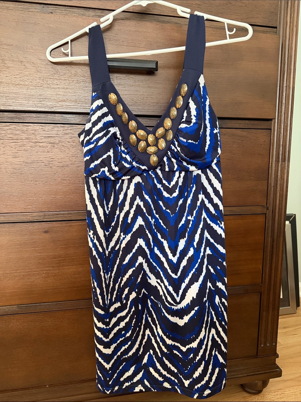 INC International Concepts Blue, Black and White Sleeveless Stud-Trim Mini Dress